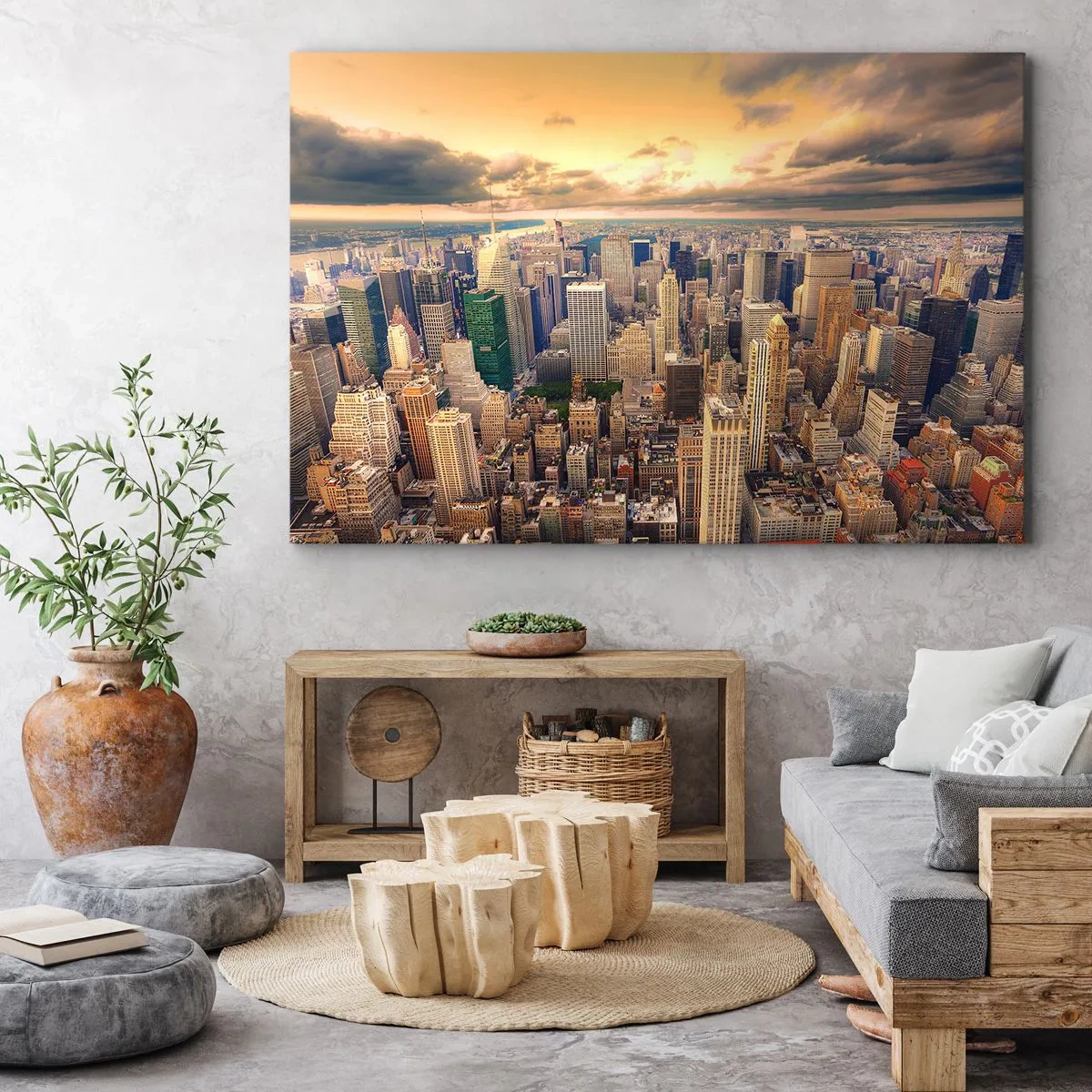 Impression sur toile - Image sur toile - Panorama de la ville avec vue sur les gratte-ciels au coucher du soleil - 70x50cm - Métropole dorée - Décoration murale moderne pour le salon et la chambre ARTTOR
