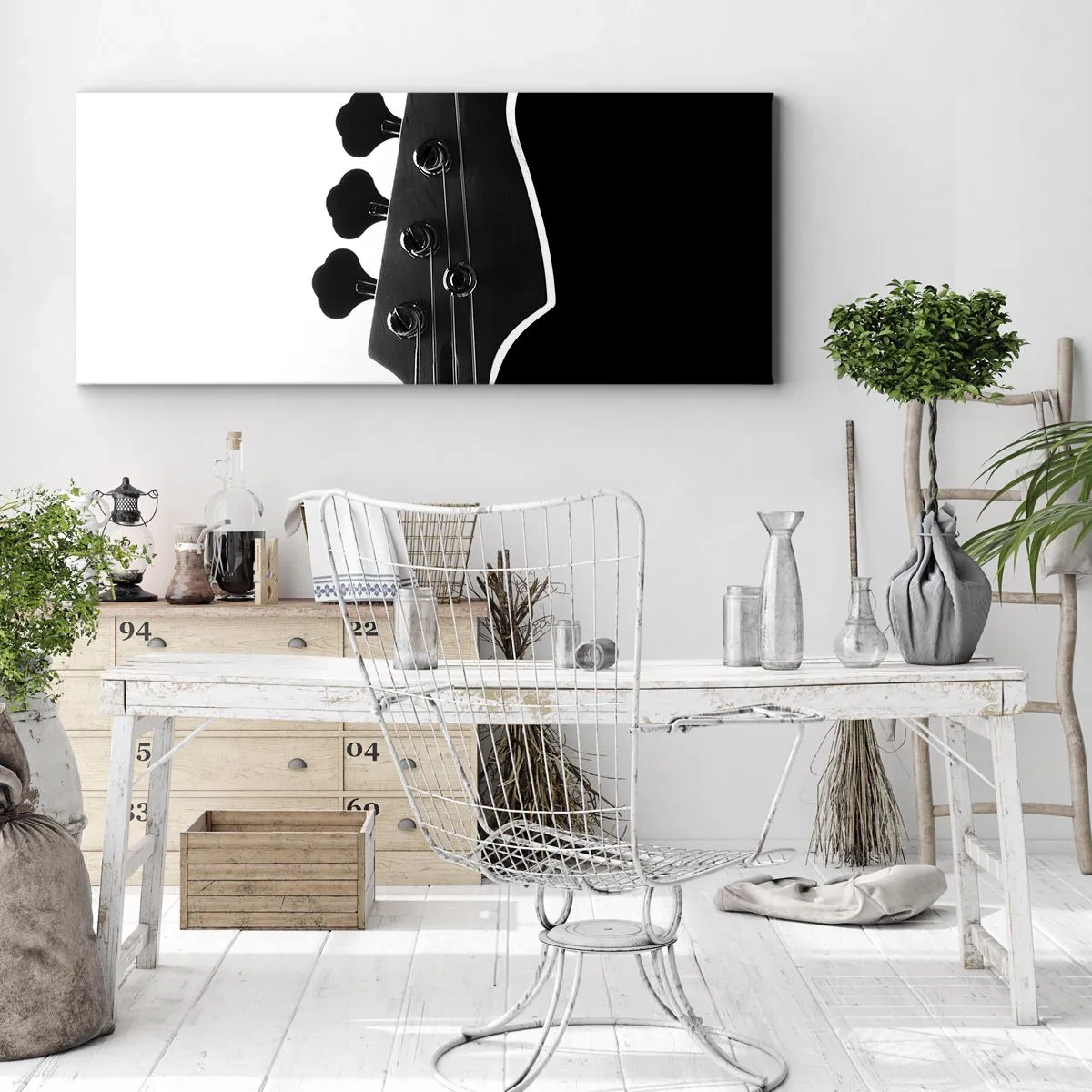 Impression sur toile - Image sur toile - Silhouette noire et blanche d'une tête de guitare basse - 120x50cm - Silence de roche - Décoration murale moderne pour le salon et la chambre ARTTOR