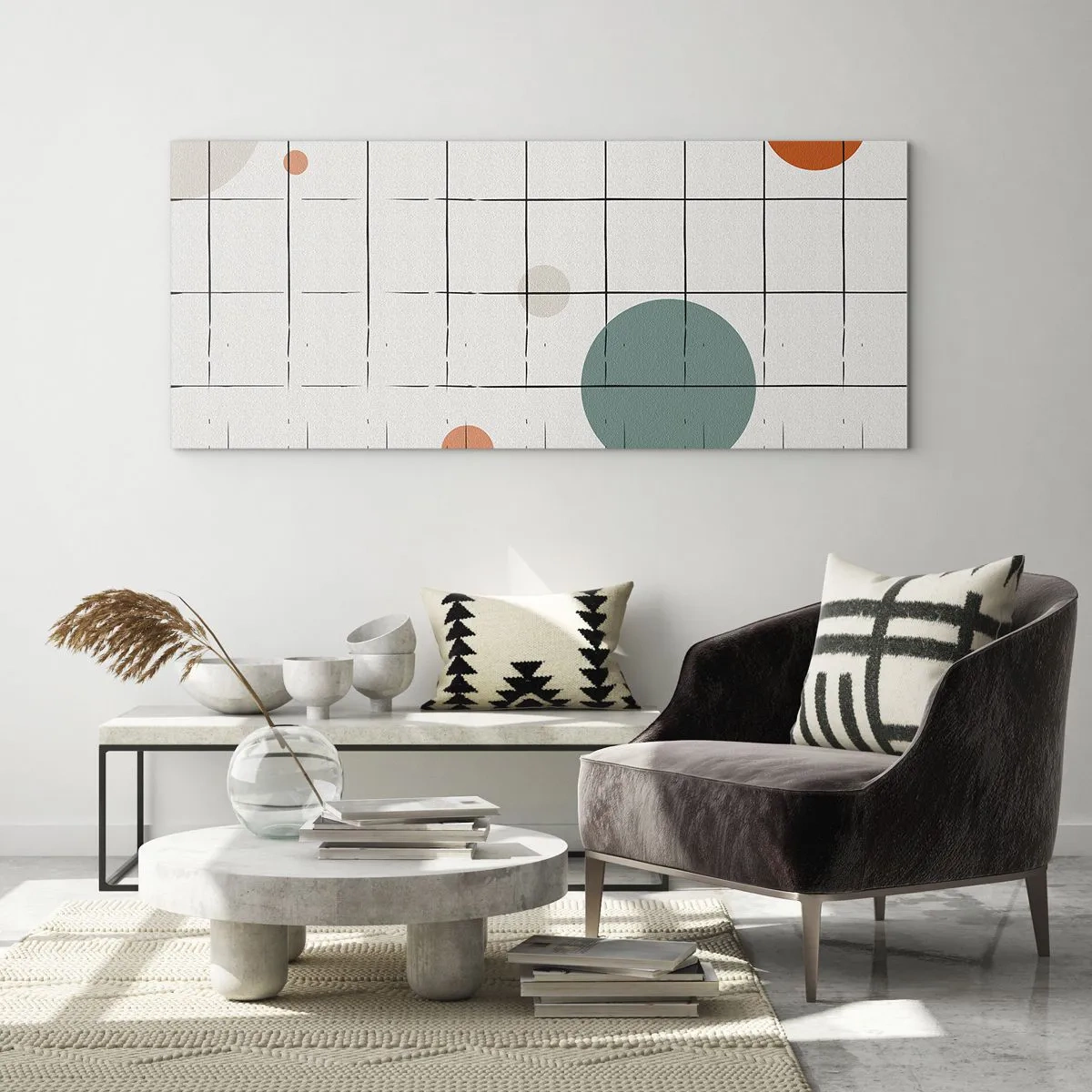 Impression sur verre - Image sur verre - Cercles colorés abstraits sur un fond de grille géométrique - 160x50cm - Piégé. Nous ou eux ? - Décoration murale moderne pour le salon et la chambre ARTTOR