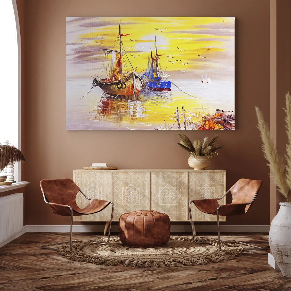 Impression sur toile - Image sur toile - Une scène picturale de bateaux sur une mer calme - 70x50cm - Un repos bien mérité au port - Décoration murale moderne pour le salon et la chambre ARTTOR