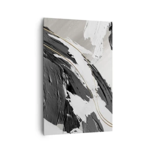 Impression sur toile - Image sur toile - Coups de pinceau noirs et blancs avec une subtile touche dorée - 80x120cm - L'abstraction à grande échelle - Décoration murale moderne pour le salon et la chambre ARTTOR