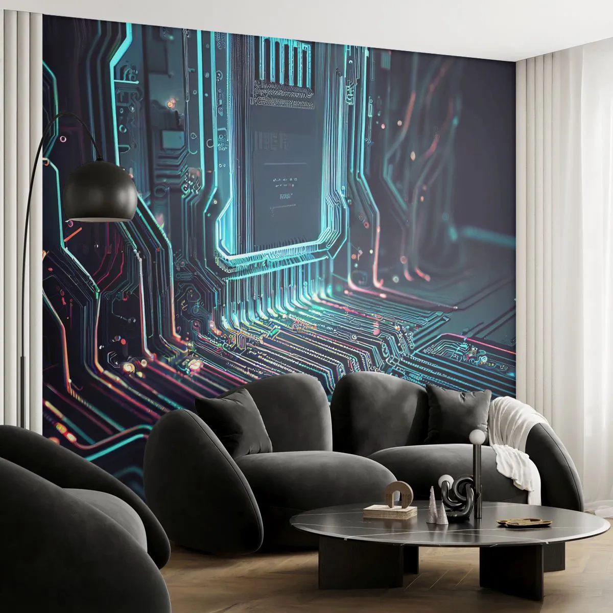 Papier Peint Photo Premium Sand - Structure de circuit intégré au néon moderne - 100x70cm - Je pense comme ça… - Décoration murale moderne pour le salon et la chambre ARTTOR