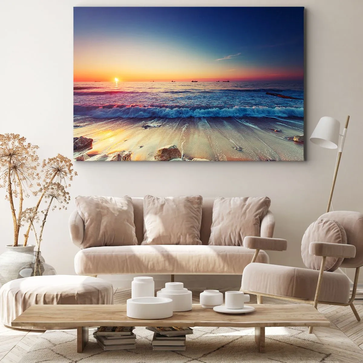 Impression sur toile - Image sur toile - Coucher de soleil sur une mer calme avec des vagues - 100x70cm - Mais quel horizon ? - Décoration murale moderne pour le salon et la chambre ARTTOR