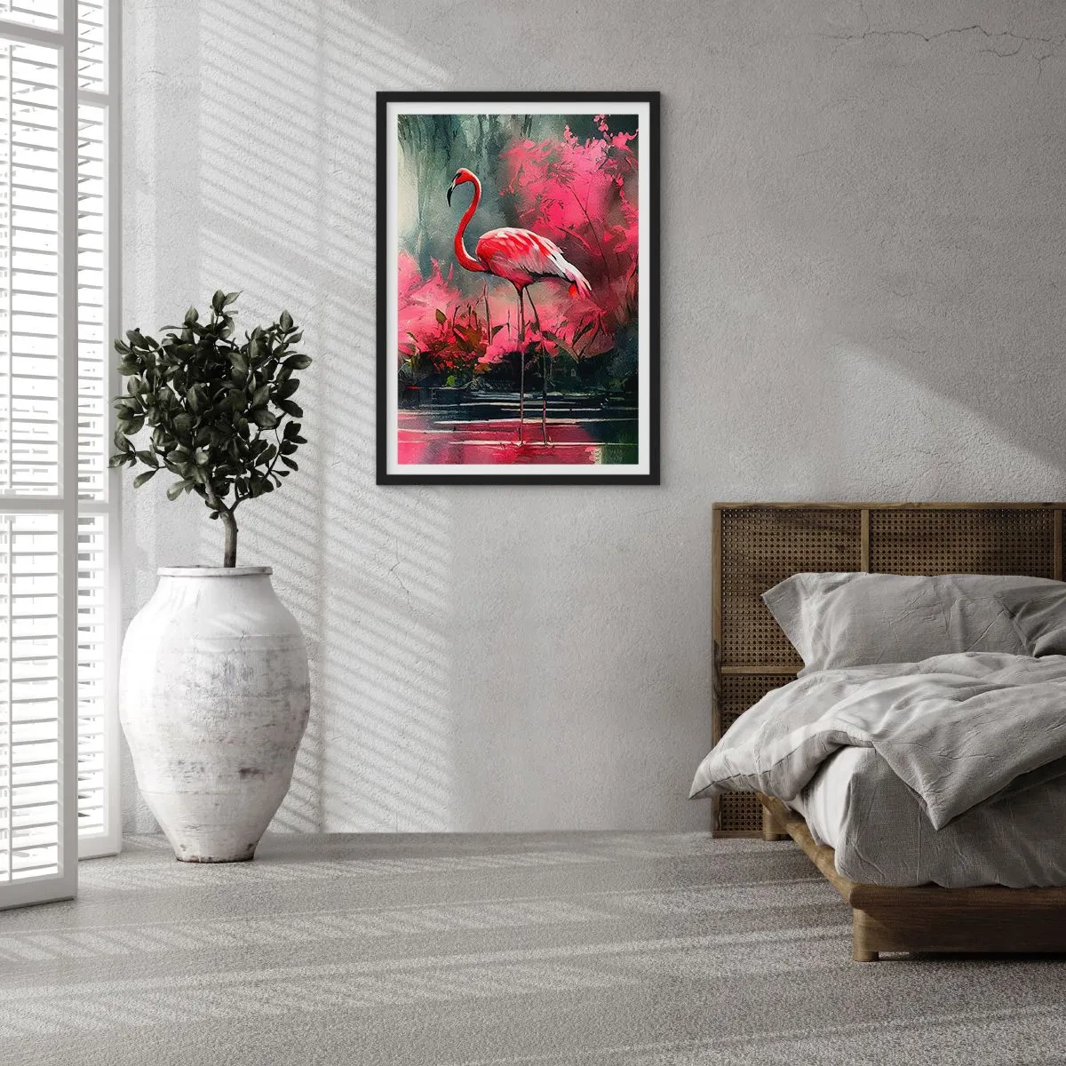 Affiche dans un cadre noir - Poster - Un flamant rose entouré de végétation rose au bord de l'eau - 50x70cm - Une leçon de grâce naturelle - Décoration murale moderne pour le salon et la chambre ARTTOR