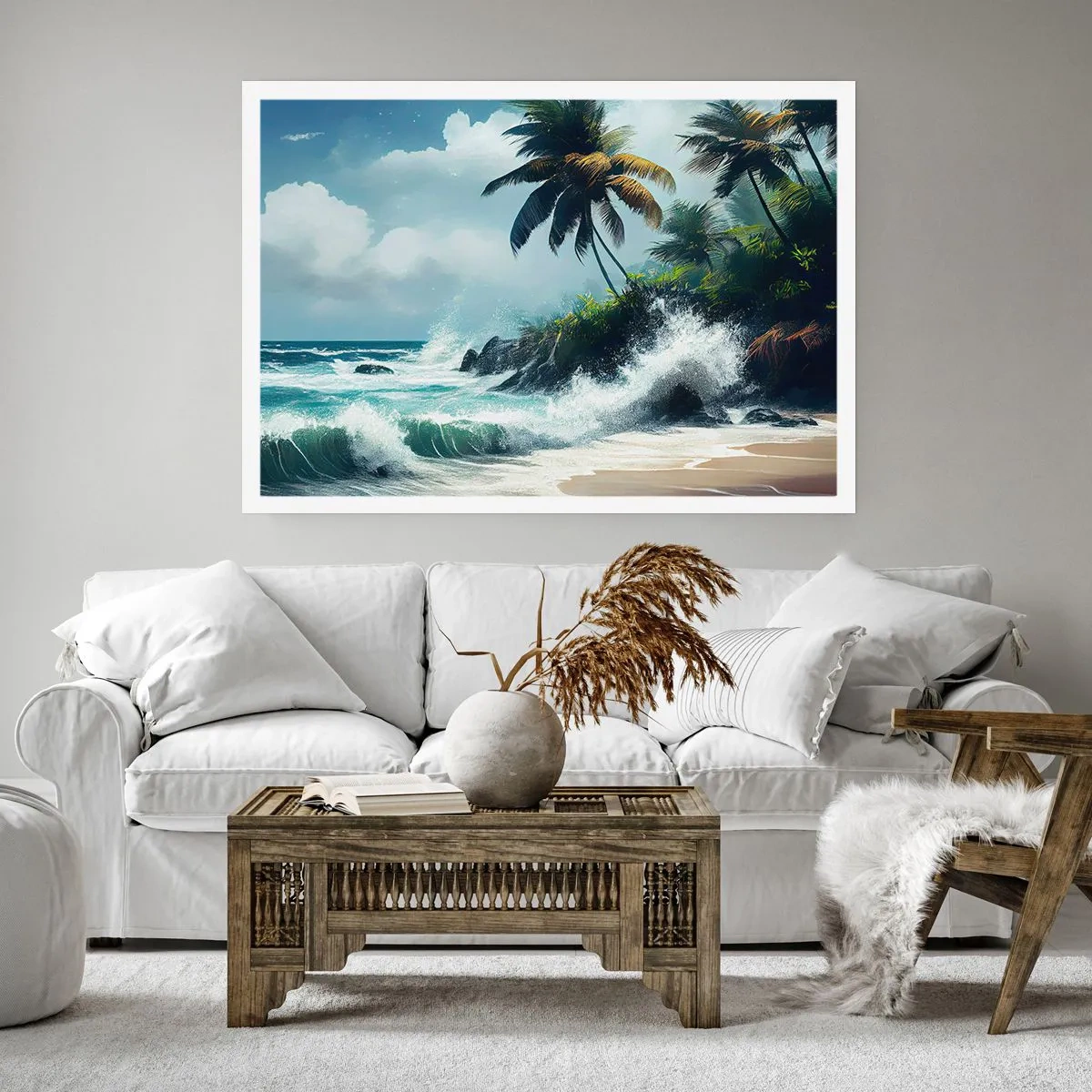 Affiche - Poster - Rivage tropical avec palmiers et mer agitée - 100x70cm - Sur une côte tropicale - Décoration murale moderne pour le salon et la chambre ARTTOR