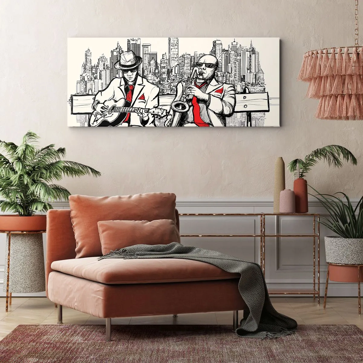 Impression sur toile - Image sur toile - Un duo de jazz avec saxophone et guitare sur fond de ville - 120x50cm - improvisation new-yorkaise - Décoration murale moderne pour le salon et la chambre ARTTOR