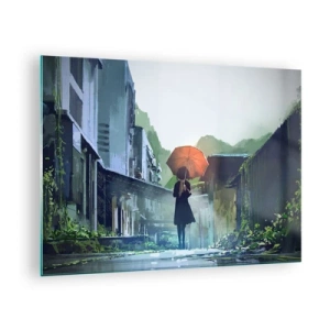 Impression sur verre - Image sur verre - Une silhouette avec un parapluie orange dans une rue pluvieuse - 70x50cm - Pluie vivifiante - Décoration murale moderne pour le salon et la chambre ARTTOR