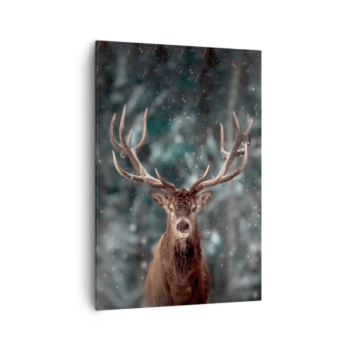 Impression sur toile - Image sur toile - Cerf dans une forêt d'hiver avec de la neige qui tombe - 70x100cm - Roi de la forêt couronné - Décoration murale moderne pour le salon et la chambre ARTTOR