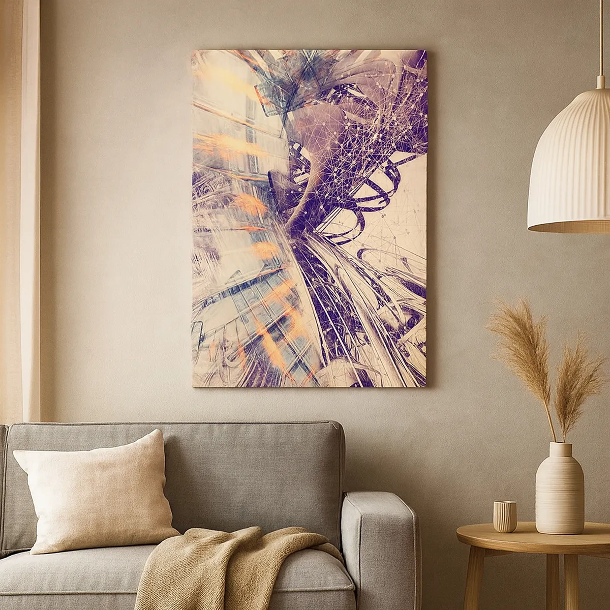 Impression sur toile - Image sur toile - Abstraction dynamique dans les tons beige et violet - 50x70cm - En grande hâte - Décoration murale moderne pour le salon et la chambre ARTTOR