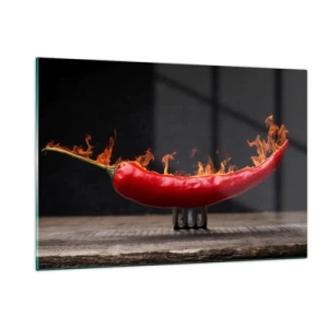 Impression sur verre - Image sur verre - Piment rouge brûlant sur fond noir - 120x80cm - Un apéritif enflammé - Décoration murale moderne pour le salon et la chambre ARTTOR