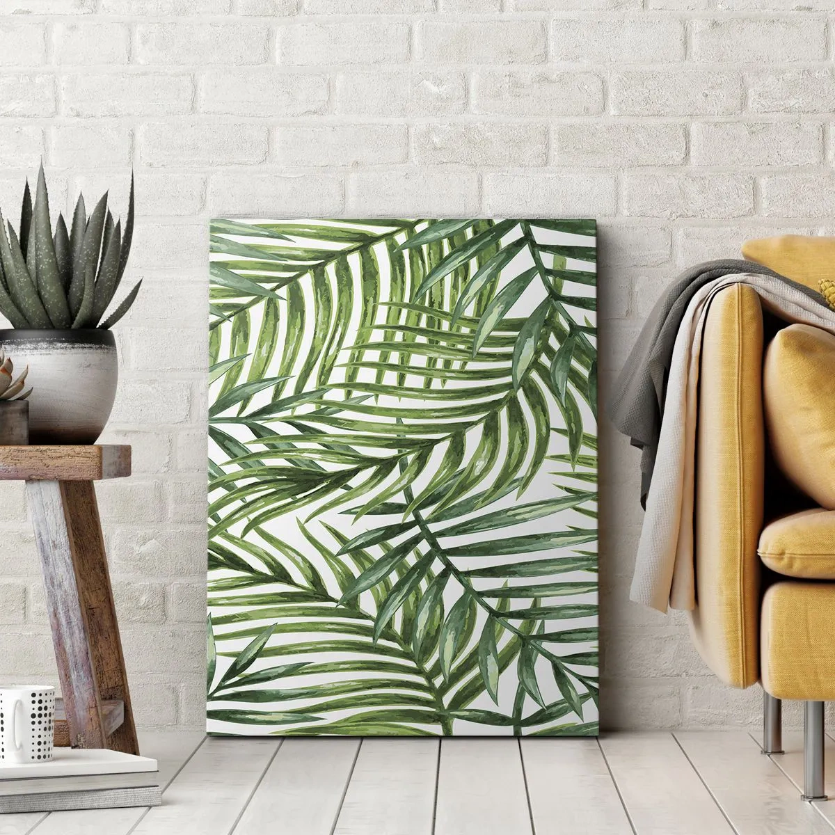 Impression sur toile - Image sur toile - Feuilles de palmier tropicales vertes sur fond clair - 70x100cm - Sous la canopée verte - Décoration murale moderne pour le salon et la chambre ARTTOR