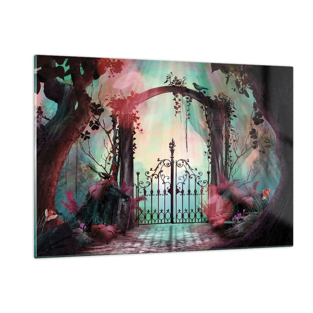 Impression sur verre - Image sur verre - Portes magiques dans une forêt de conte de fées - 120x80cm - Jardin secret - Décoration murale moderne pour le salon et la chambre ARTTOR
