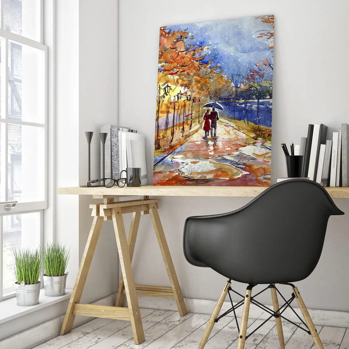 Impression sur verre - Image sur verre - Une promenade d'automne dans le parc au bord de la rivière sous un parasol - 70x100cm - Ensemble jusqu'au bout du temps - Décoration murale moderne pour le salon et la chambre ARTTOR