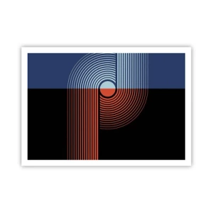 Affiche - Poster - Abstraction géométrique avec des lignes bleu marine et orange. - 100x70cm - Dans une étreinte géométrique - Décoration murale moderne pour le salon et la chambre ARTTOR