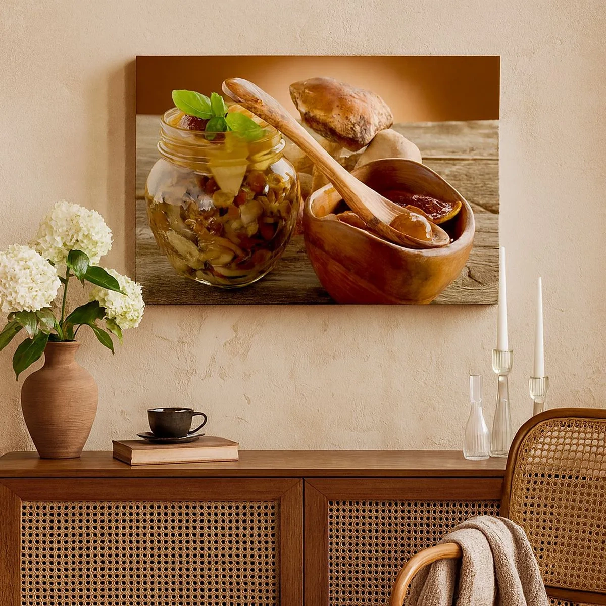 Impression sur toile - Image sur toile - Champignons naturels dans un bocal sur une table rustique - 70x50cm - Que ce soit frais ou salé, ou en automne... - Décoration murale moderne pour le salon et la chambre ARTTOR