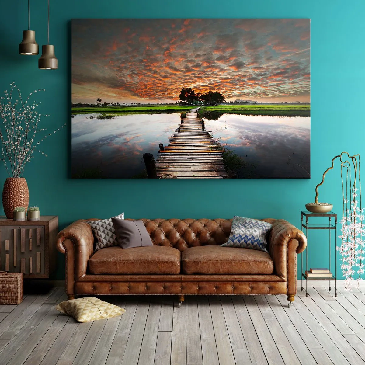 Impression sur toile - Image sur toile - Pont en bois sur l'eau au coucher du soleil - 70x50cm - Étendez vos bras - respirez - Décoration murale moderne pour le salon et la chambre ARTTOR