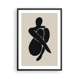 Affiche dans un cadre noir - Poster - Figure abstraite dans une pose avec les bras enroulés autour du corps, illustration en noir et blanc - 50x70cm - Dans ses propres bras - Décoration murale moderne pour le salon et la chambre ARTTOR