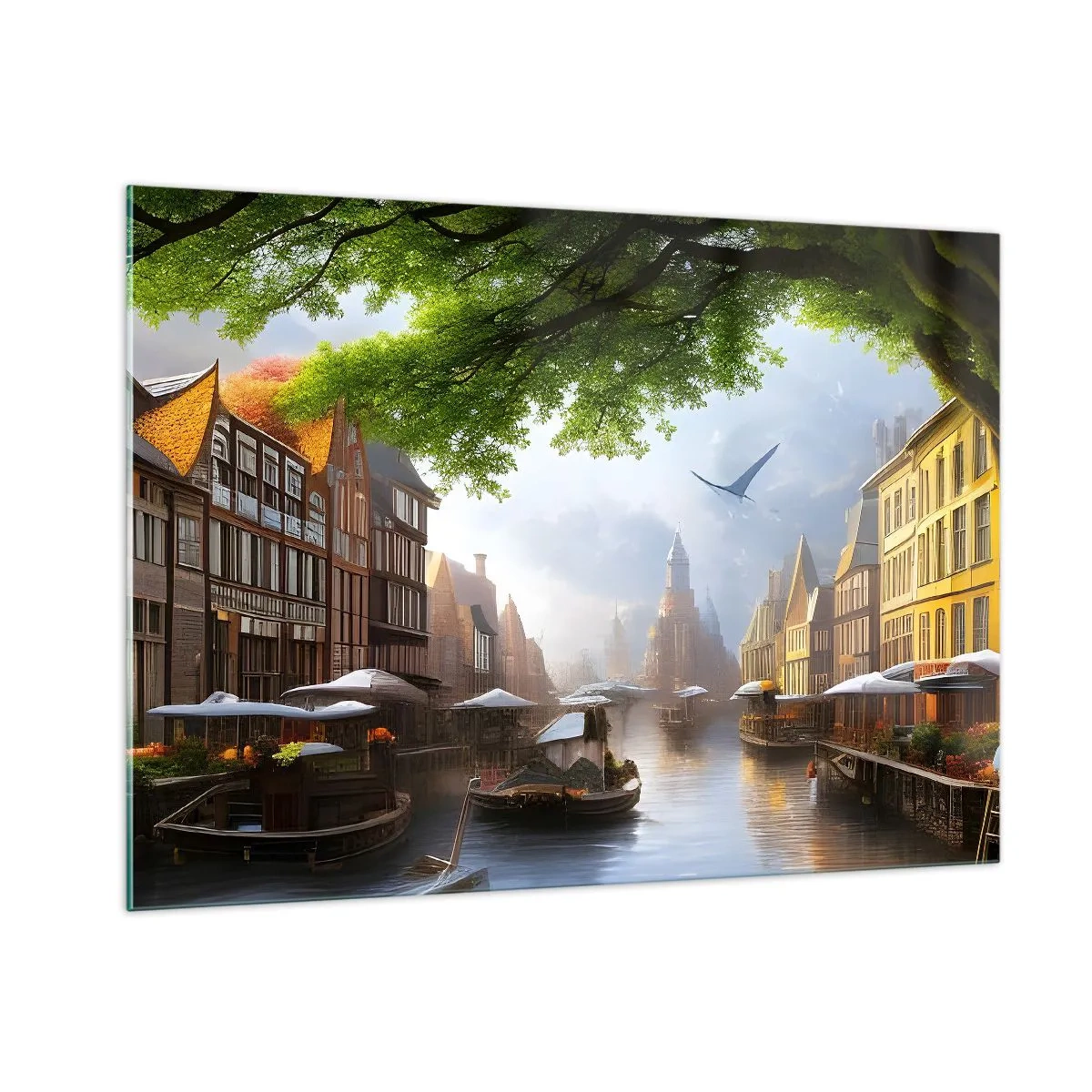 Impression sur verre - Image sur verre - Une vue atmosphérique d'un canal hollandais avec des bateaux et des bâtiments - 100x70cm - Paysage urbain néerlandais - Décoration murale moderne pour le salon et la chambre ARTTOR