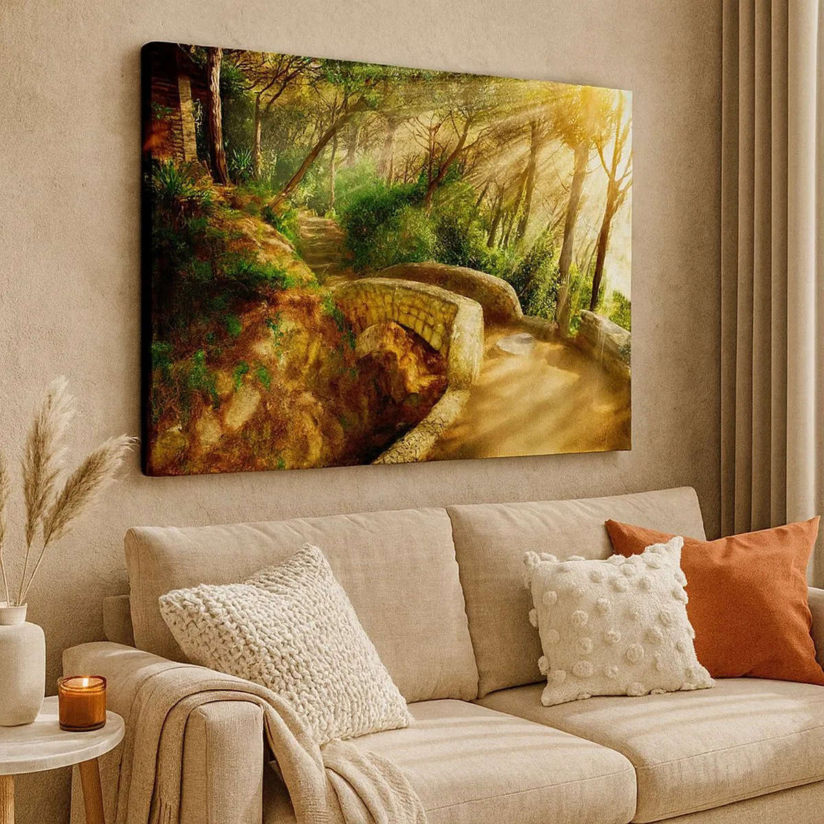 Impression sur toile - Image sur toile - Paysage forestier avec des rayons de soleil et un pont de pierre - 70x50cm - Directement du pont dans une forêt de conte de fées - Décoration murale moderne pour le salon et la chambre ARTTOR
