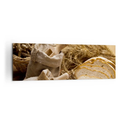 Impression sur toile - Image sur toile - Un paysage avec du pain, de la farine et des épis de blé dans un style rustique. - 160x50cm - Comment il coupe avec un couteau - Décoration murale moderne pour le salon et la chambre ARTTOR