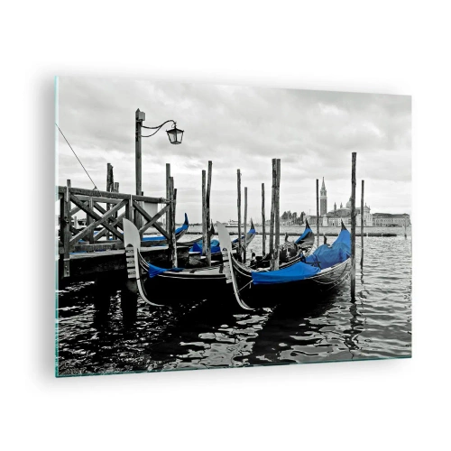 Impression sur verre - Image sur verre - Gondoles bleues sur fond de paysage vénitien - 70x50cm - Venise pensive - Décoration murale moderne pour le salon et la chambre ARTTOR