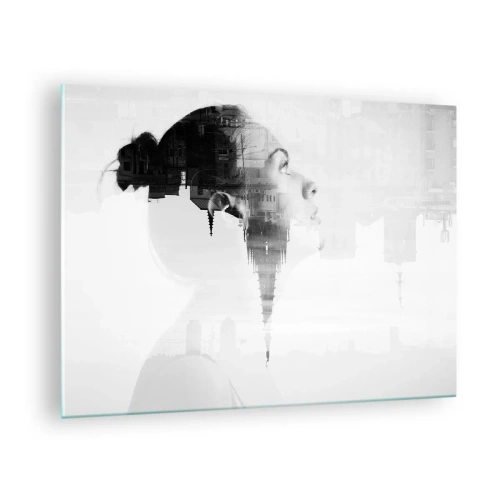 Impression sur verre - Image sur verre - Silhouette d'une femme avec des éléments architecturaux en arrière-plan - 70x50cm - Des deux côtés du verre - Décoration murale moderne pour le salon et la chambre ARTTOR