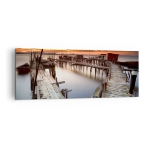 Impression sur toile - Image sur toile - Jetées en bois sur une eau calme au coucher du soleil - 140x50cm - Authentique, pas un attrape touristique - Décoration murale moderne pour le salon et la chambre ARTTOR