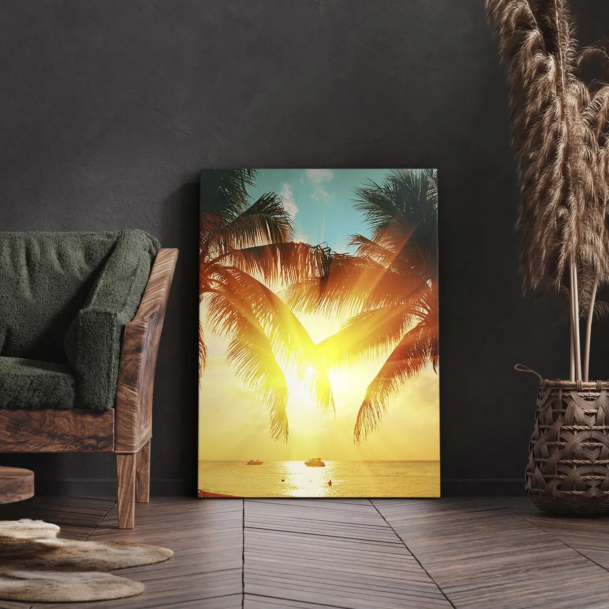 Impression sur toile - Image sur toile - Palmiers illuminés par la chaude lumière du soleil couchant - 80x120cm - Couple exotique - Décoration murale moderne pour le salon et la chambre ARTTOR