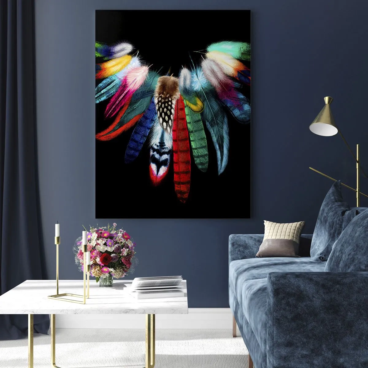 Impression sur verre - Image sur verre - Plumes colorées disposées en ailes sur fond noir - 50x70cm - Collier indien - Décoration murale moderne pour le salon et la chambre ARTTOR