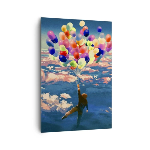 Impression sur toile - Image sur toile - Une silhouette flottant au-dessus des nuages avec des ballons colorés - 70x100cm - Un rêve d'enfant devenu réalité - Décoration murale moderne pour le salon et la chambre ARTTOR