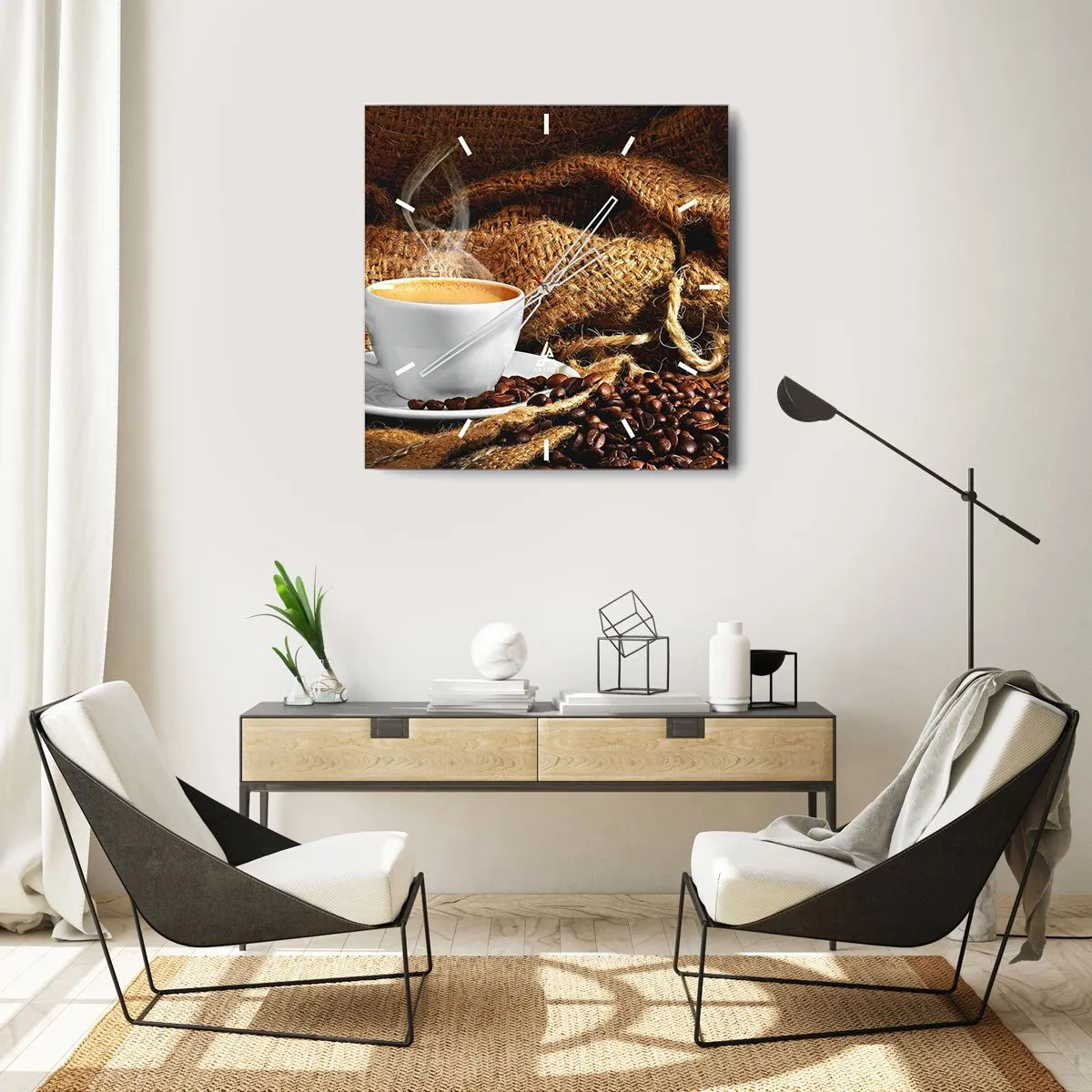 Horloge murale - Pendule murale - Une tasse de café entourée d'un sac de grains de café - 30x30cm - L'odeur du moka et la densité du miel liquide - Décoration murale moderne pour le salon et la chambre ARTTOR
