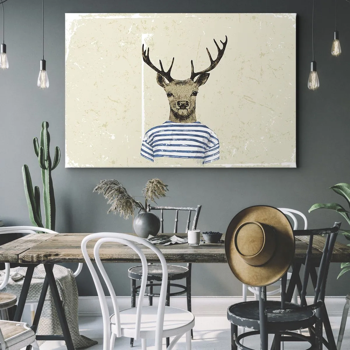 Impression sur toile - Image sur toile - Un cerf en chemise rayée sur un fond clair avec une texture délicate - 120x80cm - Parce que j'aime les chemises rayées - Décoration murale moderne pour le salon et la chambre ARTTOR