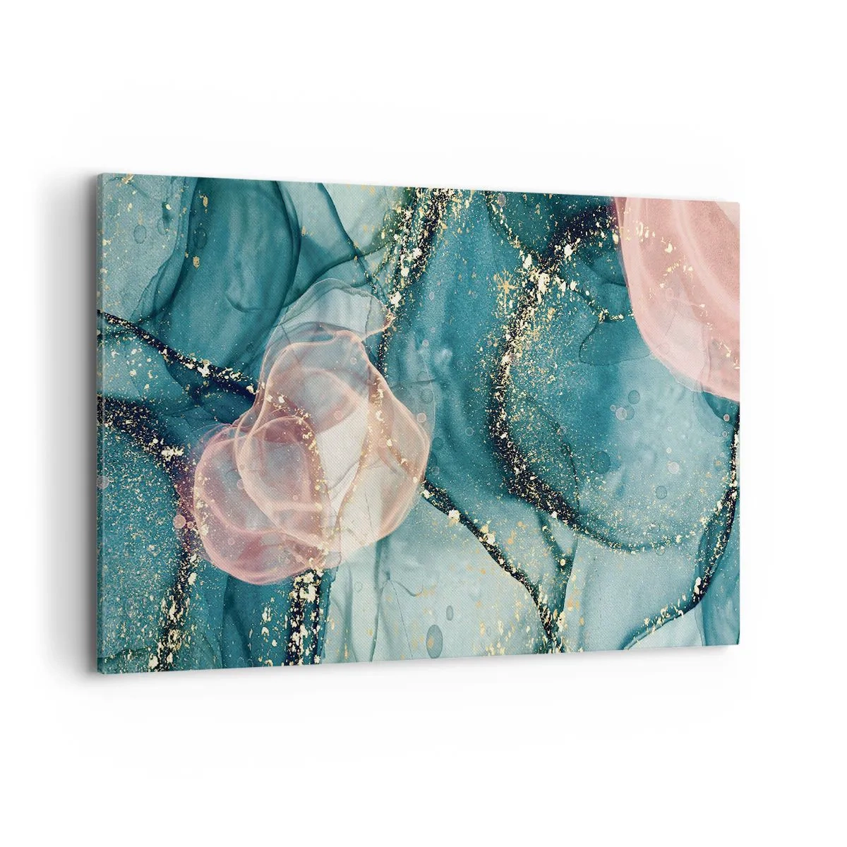 Impression sur toile - Image sur toile - Une composition abstraite dans des tons turquoise et or. - 120x80cm - Soie bleu, tulle rose - Décoration murale moderne pour le salon et la chambre ARTTOR