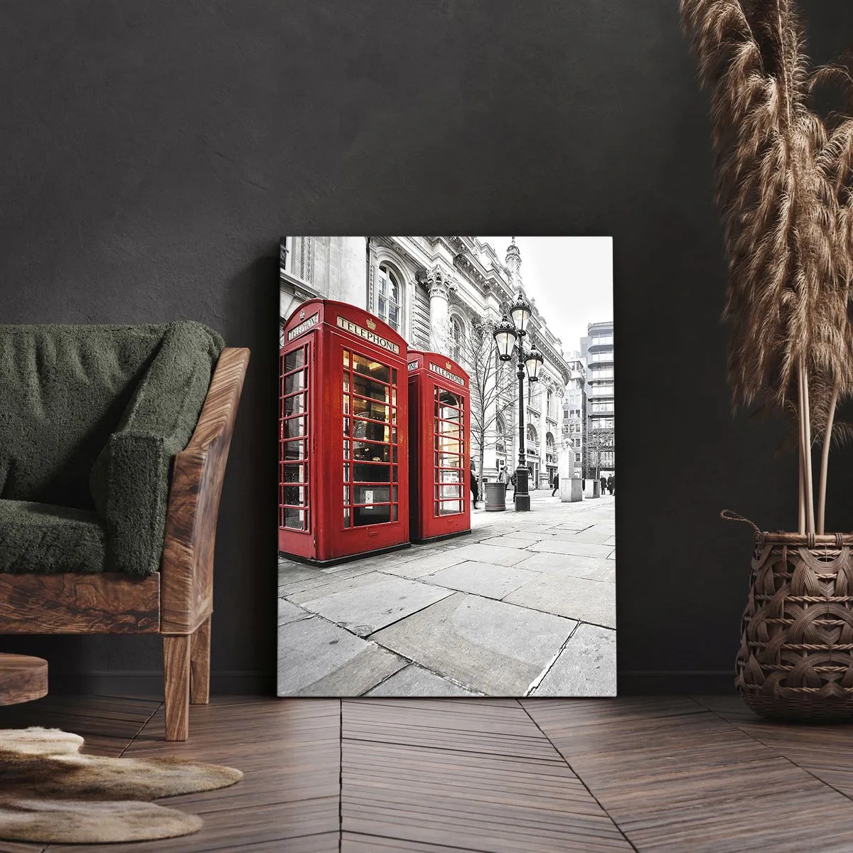 Impression sur toile - Image sur toile - Cabines téléphoniques rouges sur fond de paysage urbain - 50x70cm - Welcome to London - Décoration murale moderne pour le salon et la chambre ARTTOR