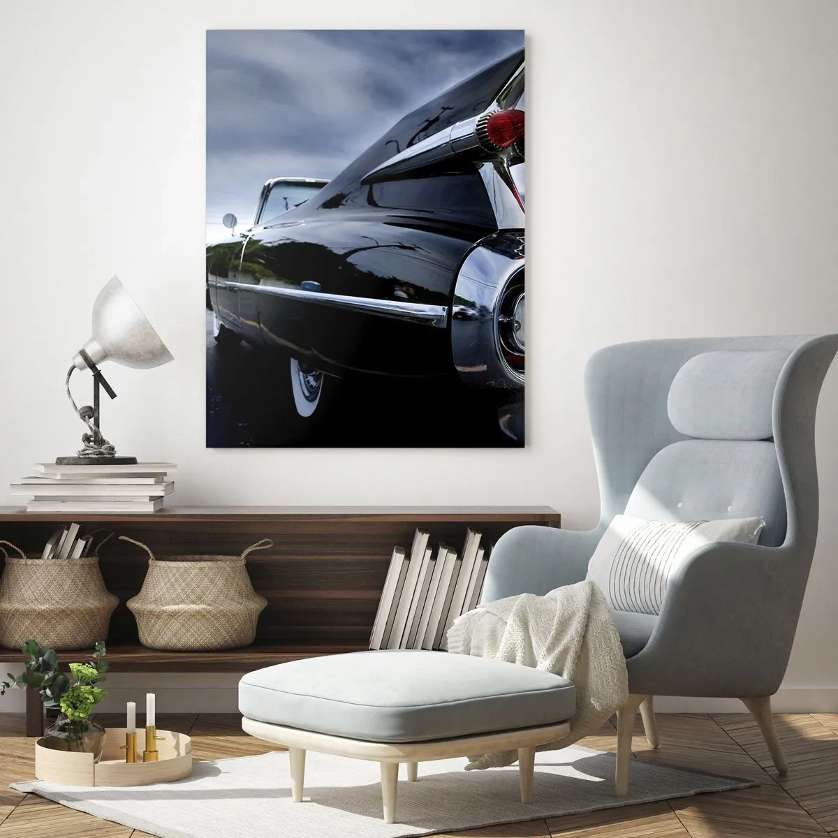 Impression sur verre - Image sur verre - Une voiture rétro classique avec du chrome brillant et des ailerons - 70x100cm - C'est exactement pourquoi c'est beau ! - Décoration murale moderne pour le salon et la chambre ARTTOR