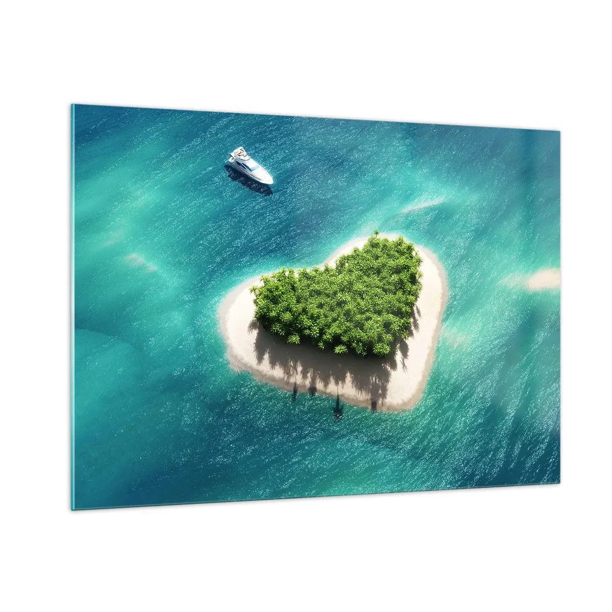 Impression sur verre - Image sur verre - Illustration d'une île en forme de cœur avec un bateau sur une mer turquoise - 100x70cm - J'aime l'été - Décoration murale moderne pour le salon et la chambre ARTTOR
