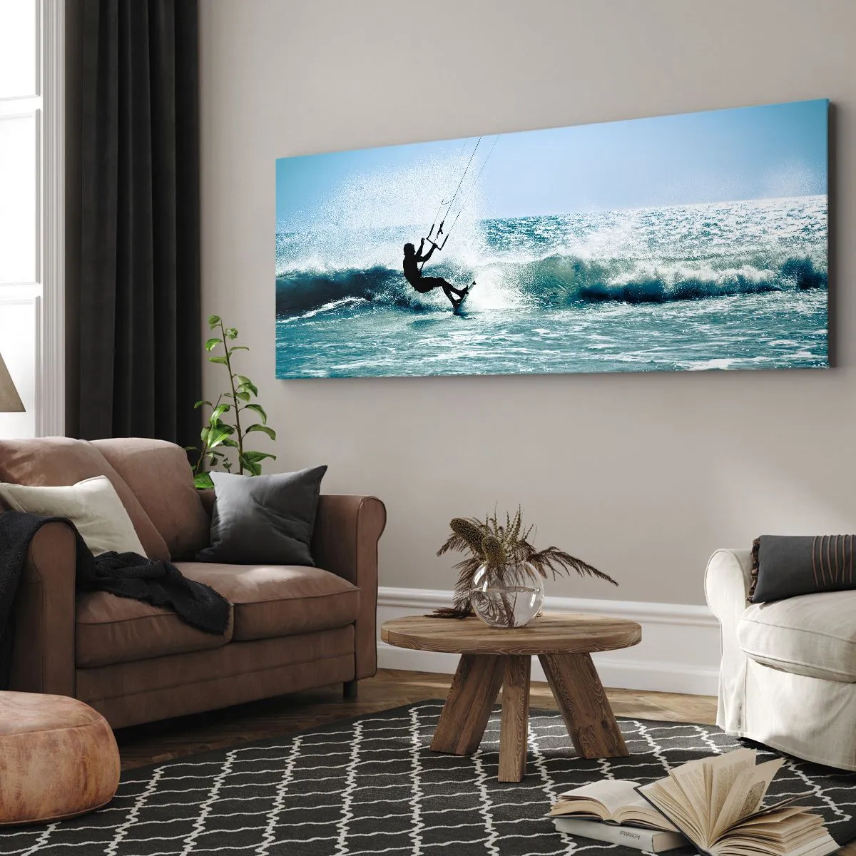 Impression sur toile - Image sur toile - Kitesurfeur sur une vague en plein soleil - 120x50cm - On se laisse emporter - Décoration murale moderne pour le salon et la chambre ARTTOR