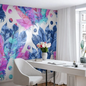 Papier peint sur mesure Premium Sand - Plumes en rose et bleu - Plume d'oiseau, Illustration colorée, Graphique