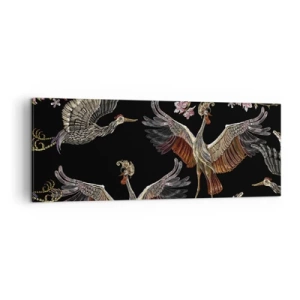 Impression sur toile - Image sur toile - Grues et fleurs élégantes sur fond noir - 140x50cm - Un oiseau de conte de fées - Décoration murale moderne pour le salon et la chambre ARTTOR