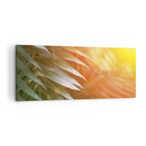 Impression sur toile - Image sur toile - Feuilles de palmier dans les rayons du soleil couchant - 120x50cm - Matinée dans la jungle - Décoration murale moderne pour le salon et la chambre ARTTOR