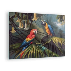 Impression sur verre - Image sur verre - Deux perroquets colorés sur fond de jungle tropicale - 70x50cm - Romantisme dans les tropiques - Décoration murale moderne pour le salon et la chambre ARTTOR