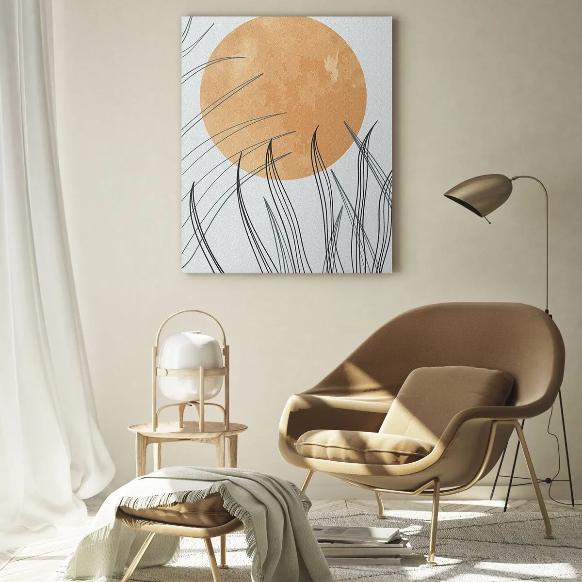 Impression sur verre - Image sur verre - Brins d'herbe abstraits sur fond de grand soleil orange - 70x100cm - Toujours vers le soleil - Décoration murale moderne pour le salon et la chambre ARTTOR