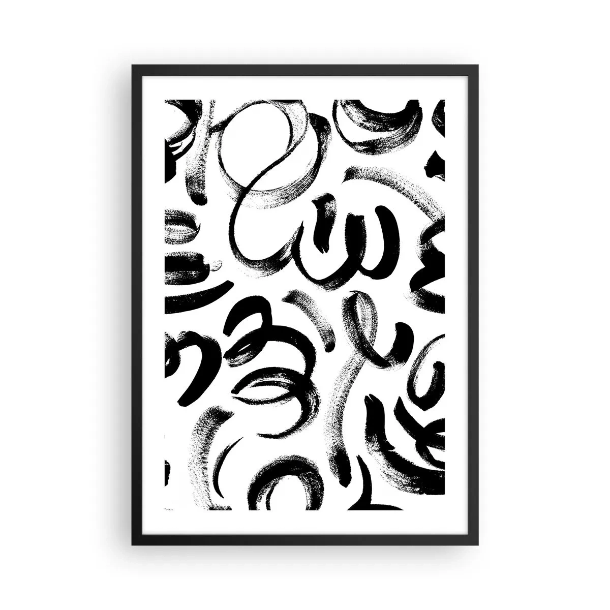 Affiche dans un cadre noir - Poster - Coups de pinceau noirs abstraits sur fond blanc - 50x70cm - Noir sur blanc - Décoration murale moderne pour le salon et la chambre ARTTOR