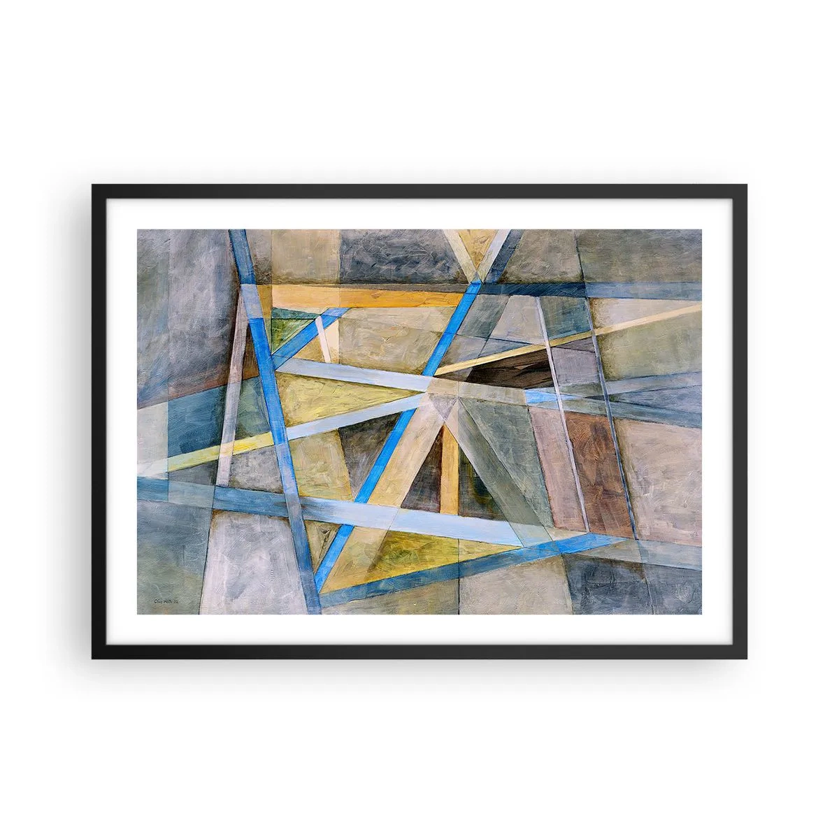Affiche dans un cadre noir - Poster - Composition géométrique avec des lignes claires et bleues - 70x50cm - Tout droit ou en diagonale ? - Décoration murale moderne pour le salon et la chambre ARTTOR