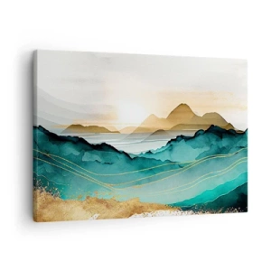 Impression sur toile - Image sur toile - Paysage abstrait avec des montagnes et des accents dorés - 70x50cm - Au frontière de l’abstraction – paysage - Décoration murale moderne pour le salon et la chambre ARTTOR