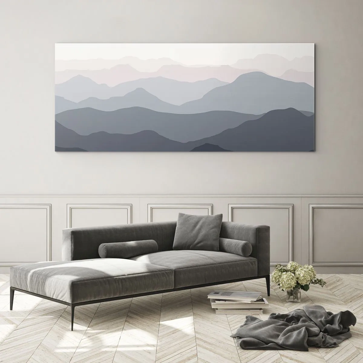 Impression sur verre - Image sur verre - Subtiles couches de montagne dans des tons de gris et de bleu - 160x50cm - Vagues de montagnes - Décoration murale moderne pour le salon et la chambre ARTTOR