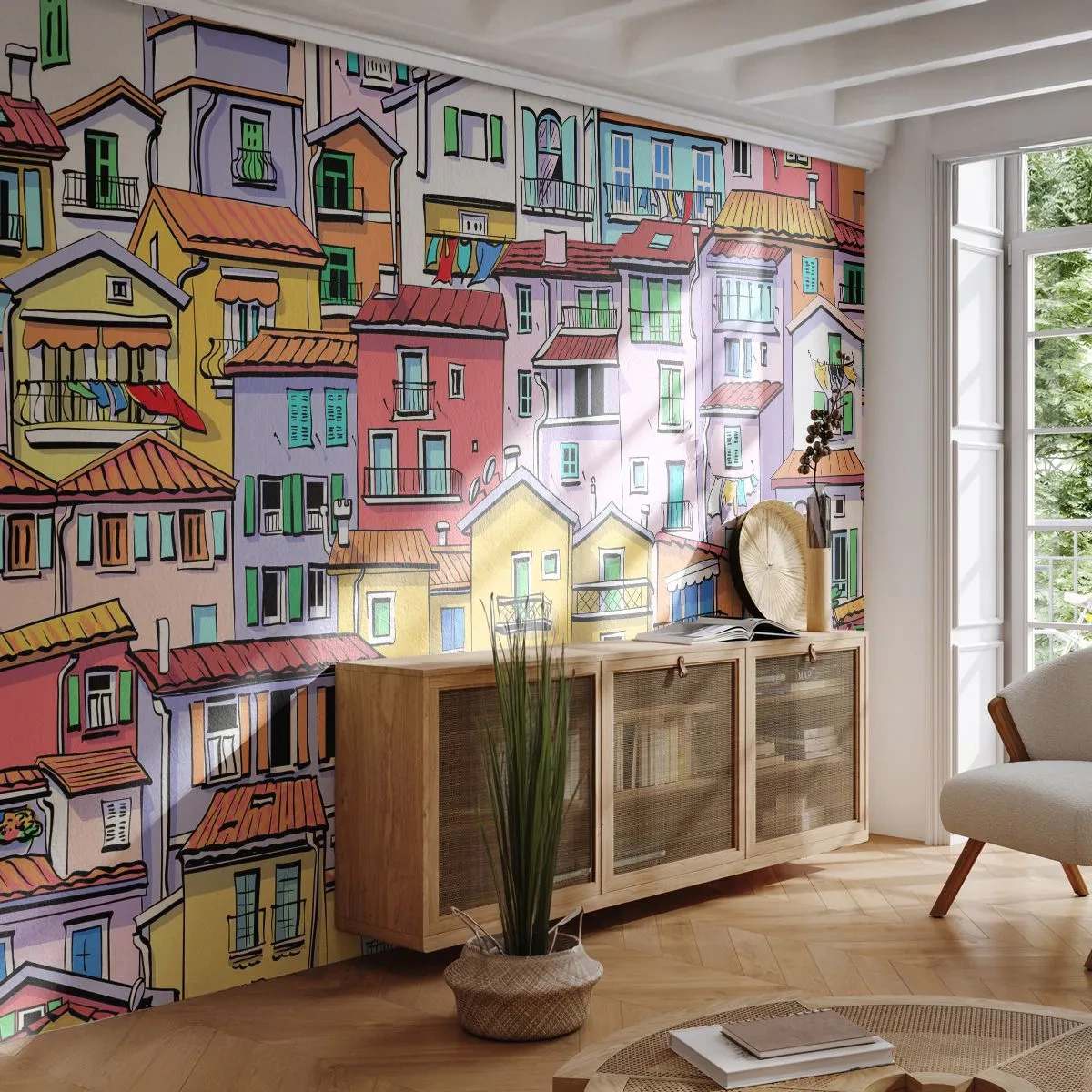 Papier Peint Photo Premium Canvas - Ville joyeuse - Ville, Immeubles d'habitation, Maisons - 250x175 cm