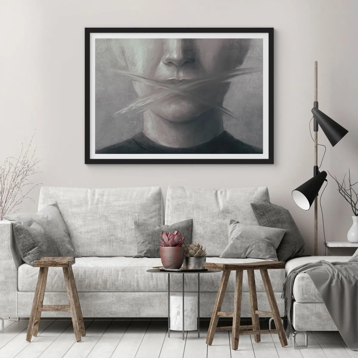 Affiche dans un cadre noir - Poster - Un portrait symbolique aux lèvres floues dans des tons gris. - 100x70cm - Sans mot - Décoration murale moderne pour le salon et la chambre ARTTOR
