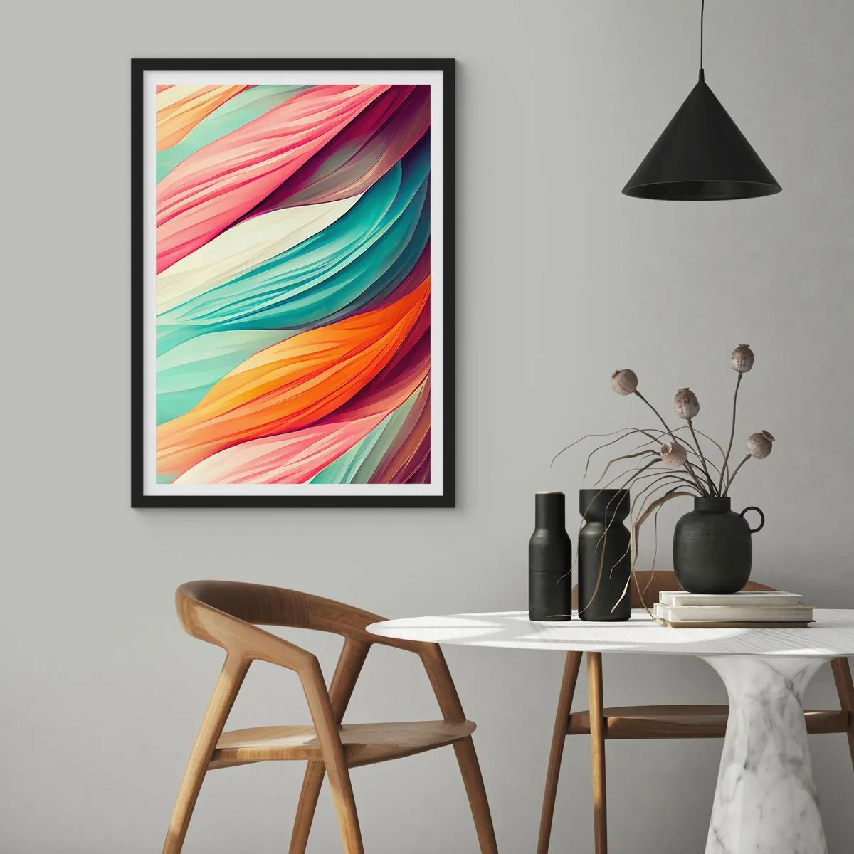 Affiche dans un cadre noir - Poster - Une composition abstraite de lignes ondulées aux couleurs intenses. - 50x70cm - Tissage arc-en-ciel - Décoration murale moderne pour le salon et la chambre ARTTOR