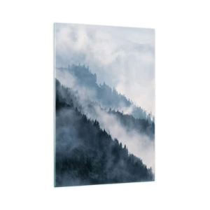 Impression sur verre - Image sur verre - Le brouillard plane sur les flancs boisés des montagnes dans un paysage mystérieux - 70x100cm - Mysticisme des montagnes - Décoration murale moderne pour le salon et la chambre ARTTOR